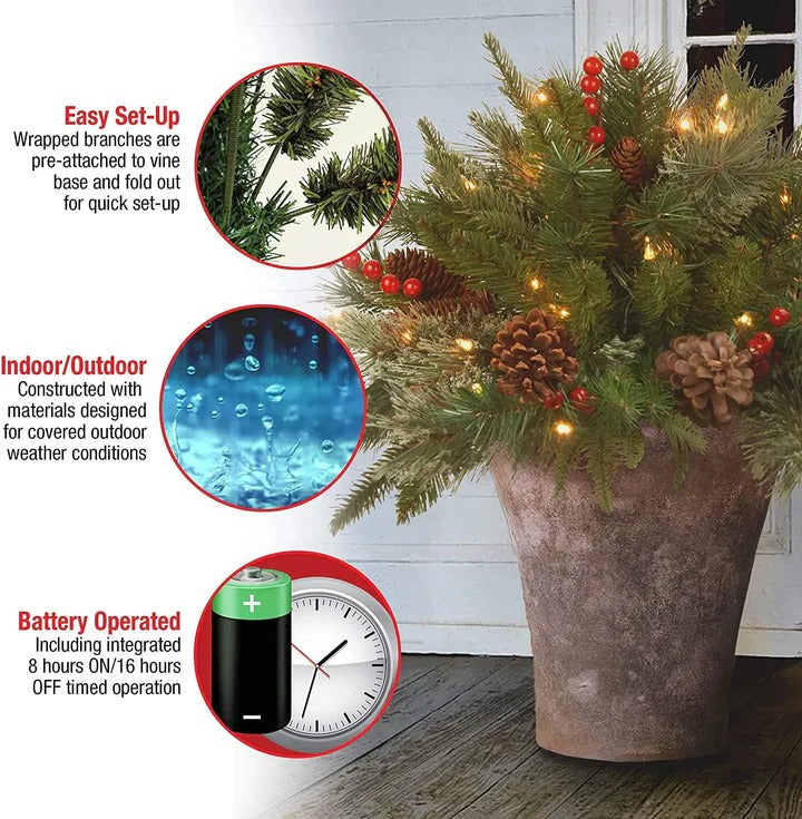 Pre-Lit LED Evergreen Urn Filler – Festive Holiday Decoration