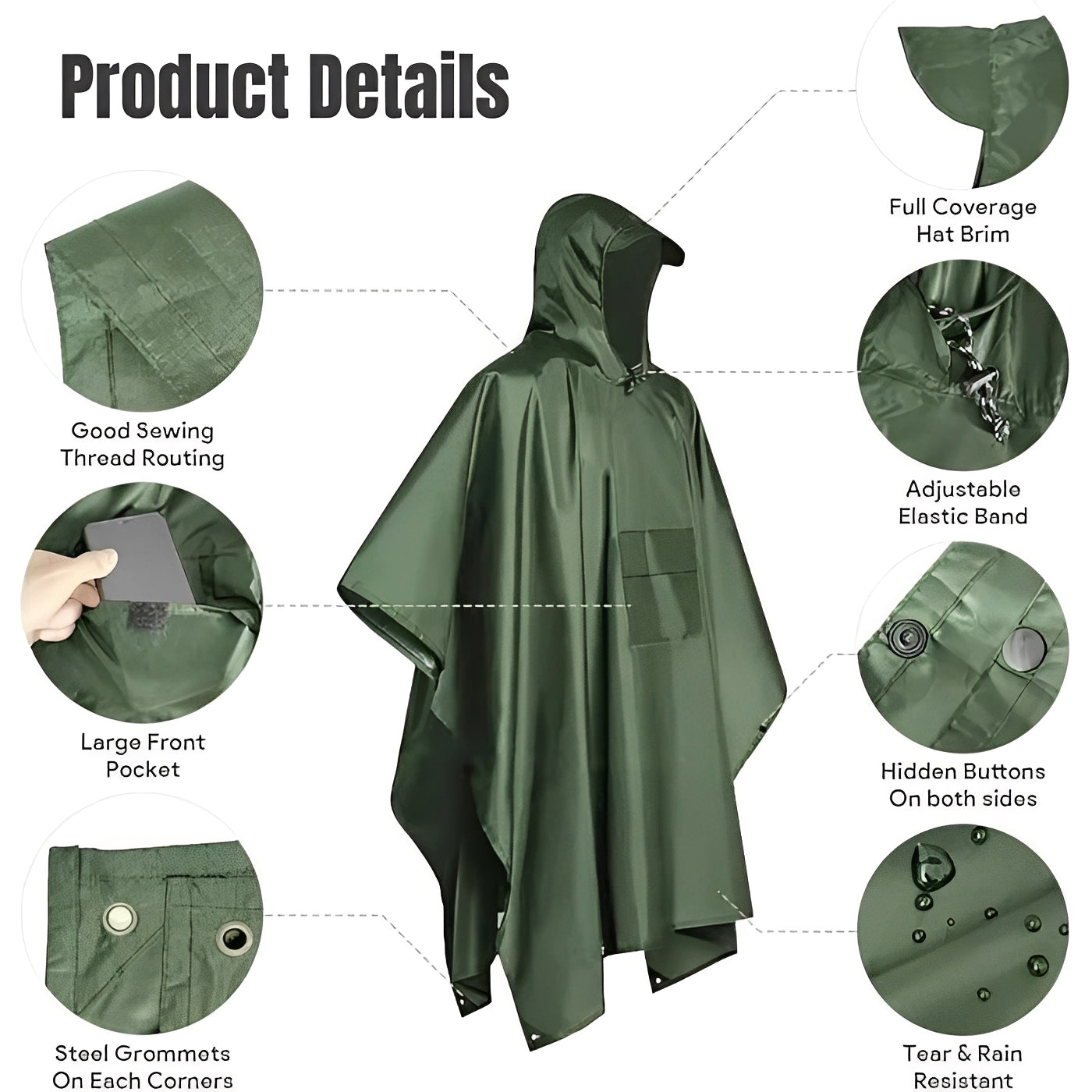 Hooded Rain Poncho for Outdoor Use with Storage Bag