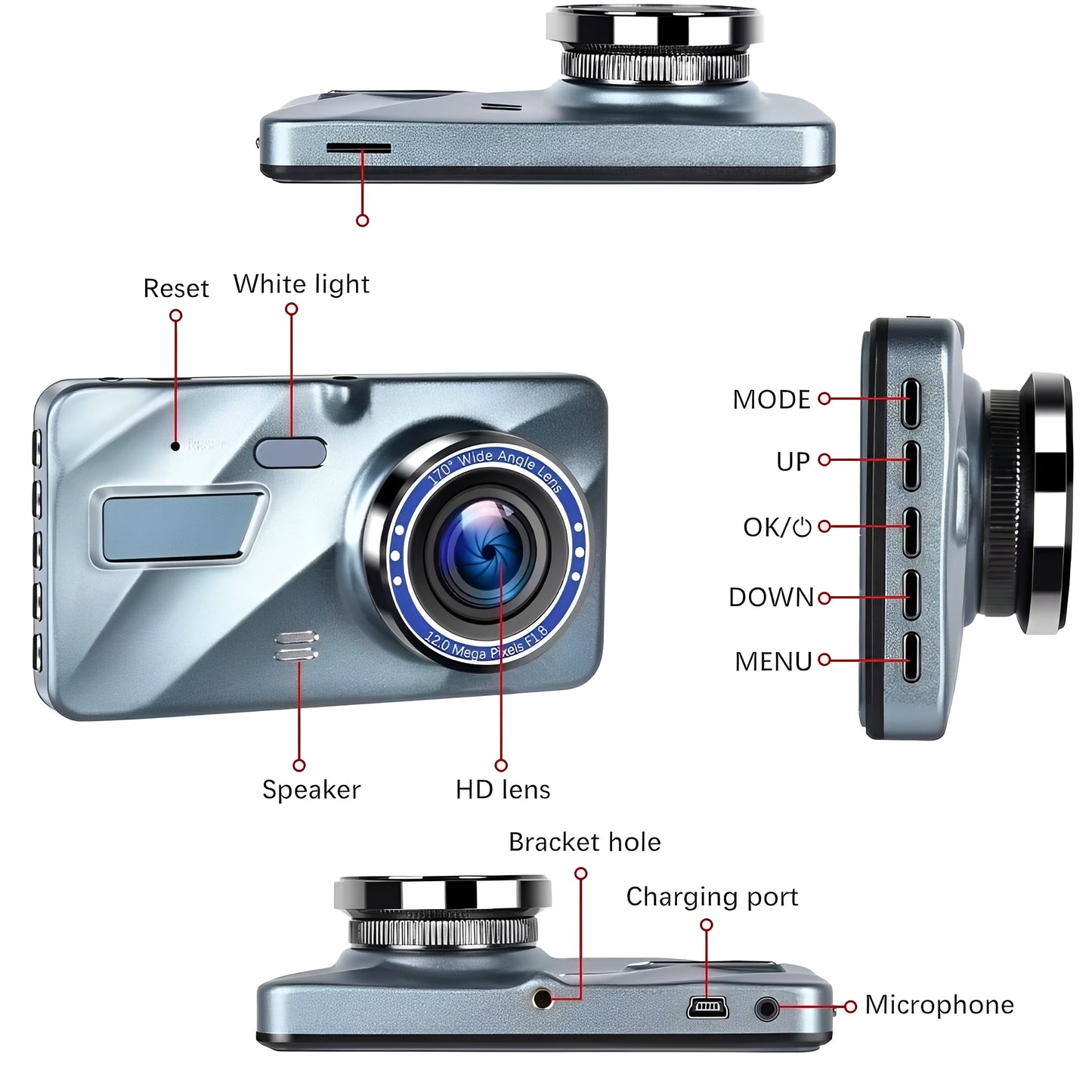 Front and Rear Dual Lens Dash Cam with 4 Inch Display