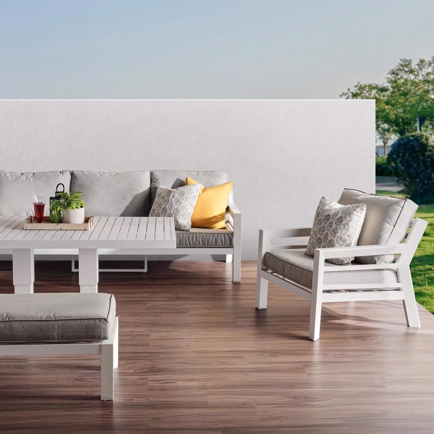 Valencia 5-Seater Outdoor Sofa Set with Bench and Lifting Table in Beige and White