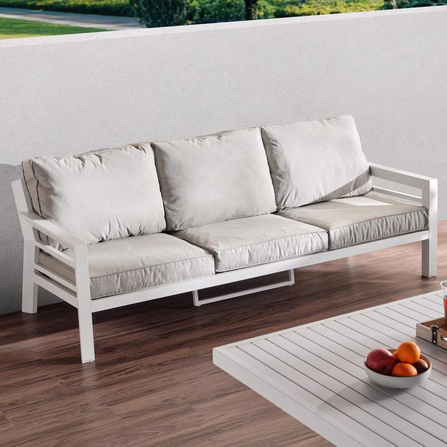 Valencia 5-Seater Outdoor Sofa Set with Bench and Lifting Table in Beige and White