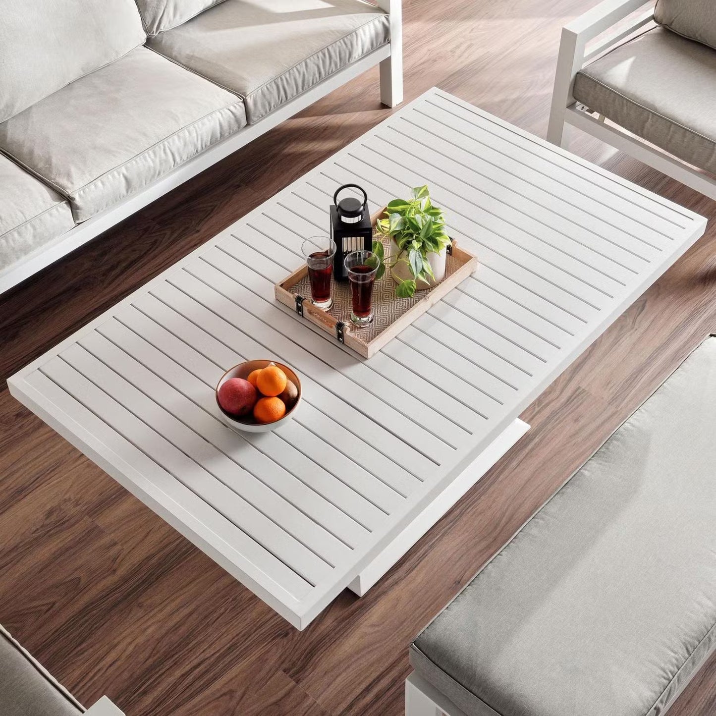 Valencia 5-Seater Outdoor Sofa Set with Bench and Lifting Table in Beige and White