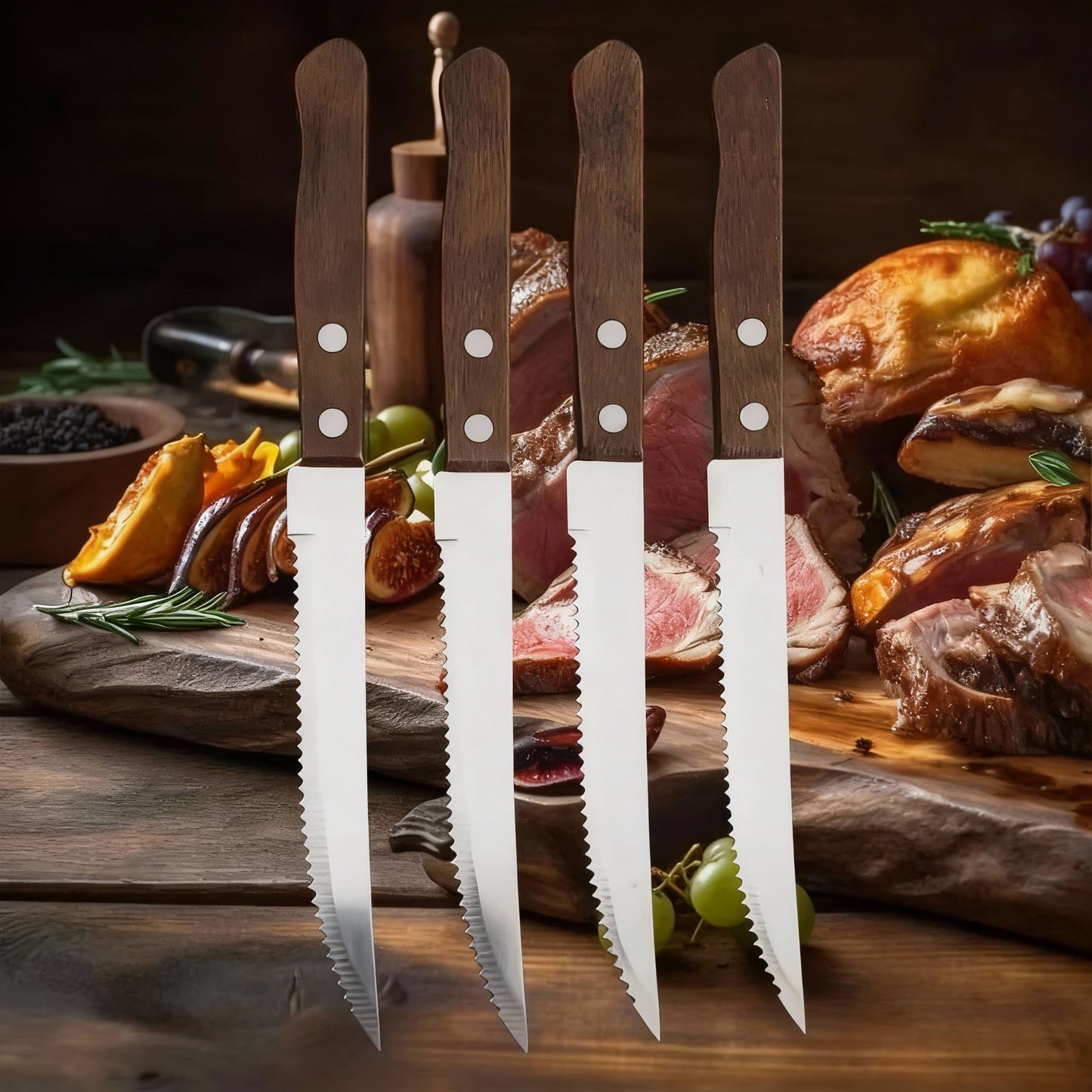 Stainless Steel Steak Knife Set with Wooden Handles & Serrated Edges
