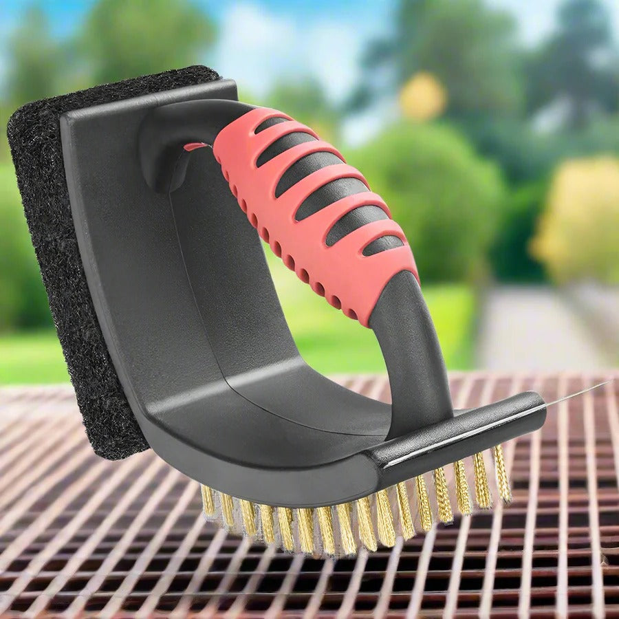 3 in 1 Grill Brush with Brass Bristles and Scraper
