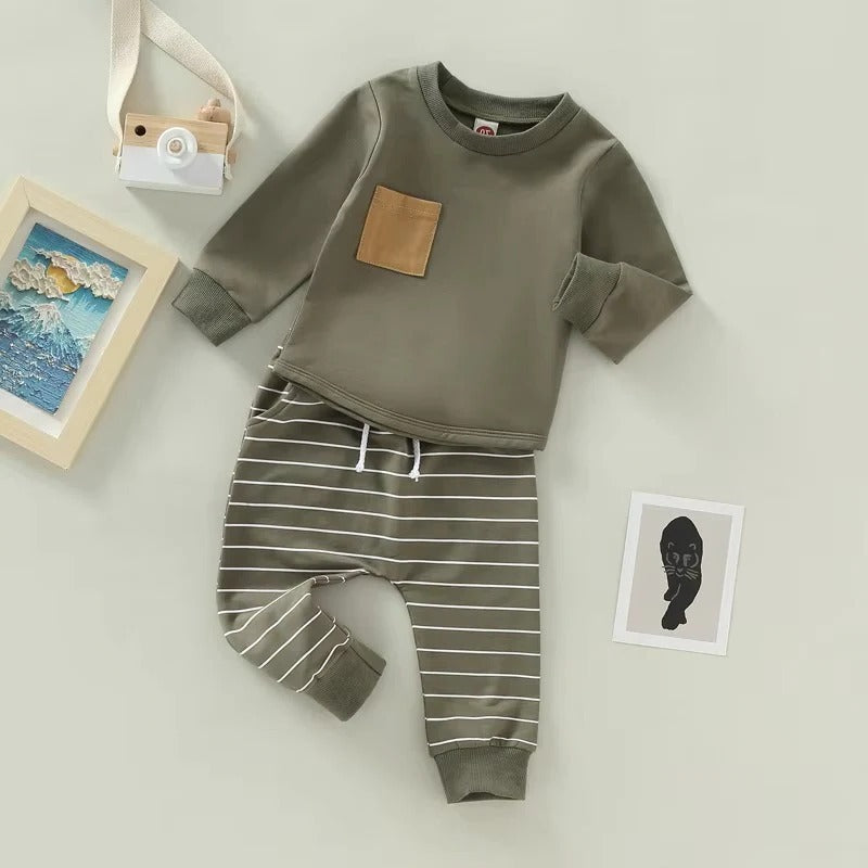 Toddler Boys Fall Outfit Pullover and Striped Pants, Set of 2