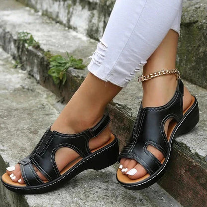 Elegant Premium Leather Wedge Sandals – All-Day Comfort & Style
