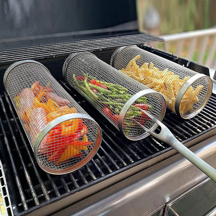 Rotating Rolling Barbecue Grill Basket With Locking Latch