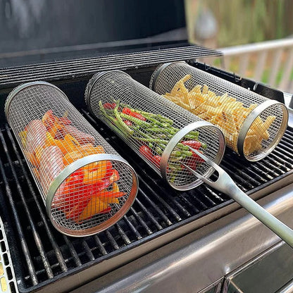Rotating Rolling Barbecue Grill Basket With Locking Latch