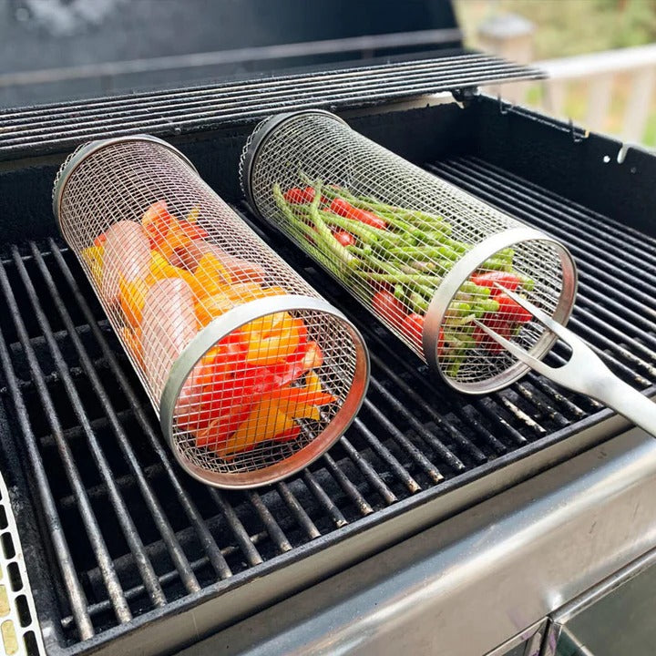 Rotating Rolling Barbecue Grill Basket With Locking Latch