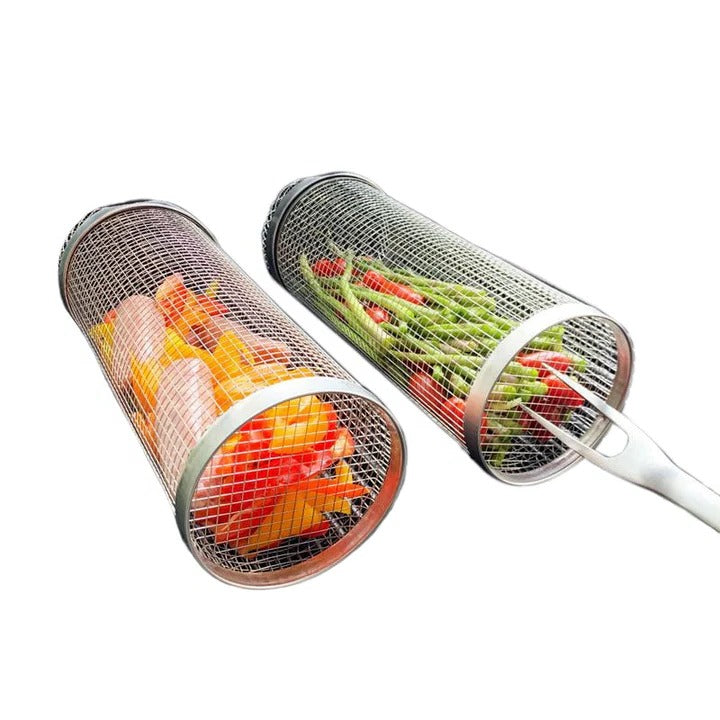 Rotating Rolling Barbecue Grill Basket With Locking Latch