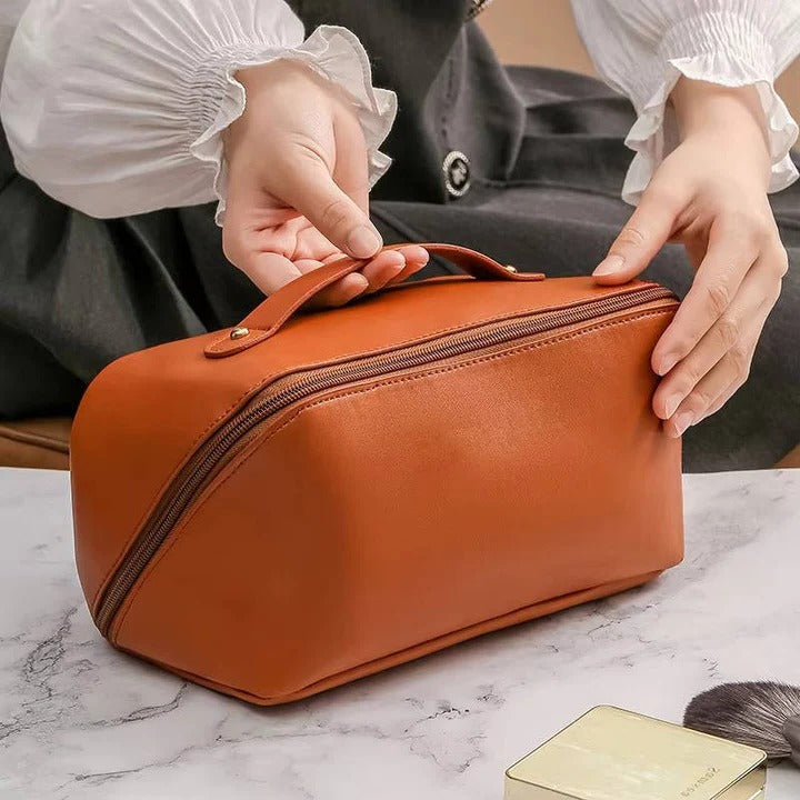 Makeup Organizer Pouch with PU Exterior and Wide Opening Design