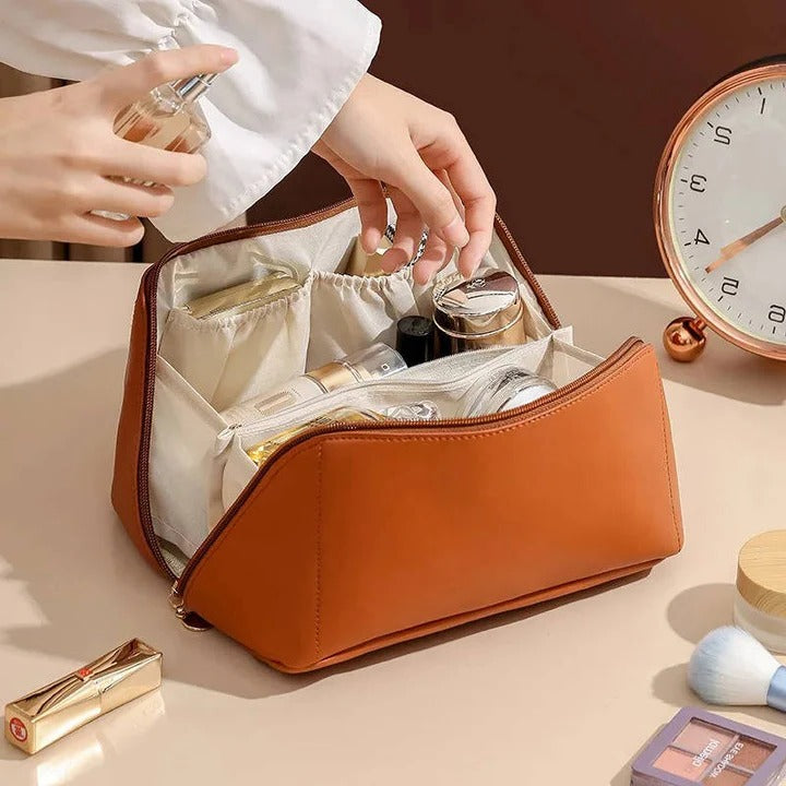 Makeup Organizer Pouch with PU Exterior and Wide Opening Design