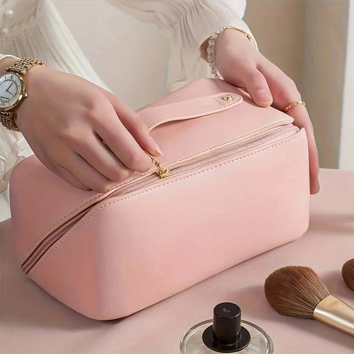 Makeup Organizer Pouch with PU Exterior and Wide Opening Design