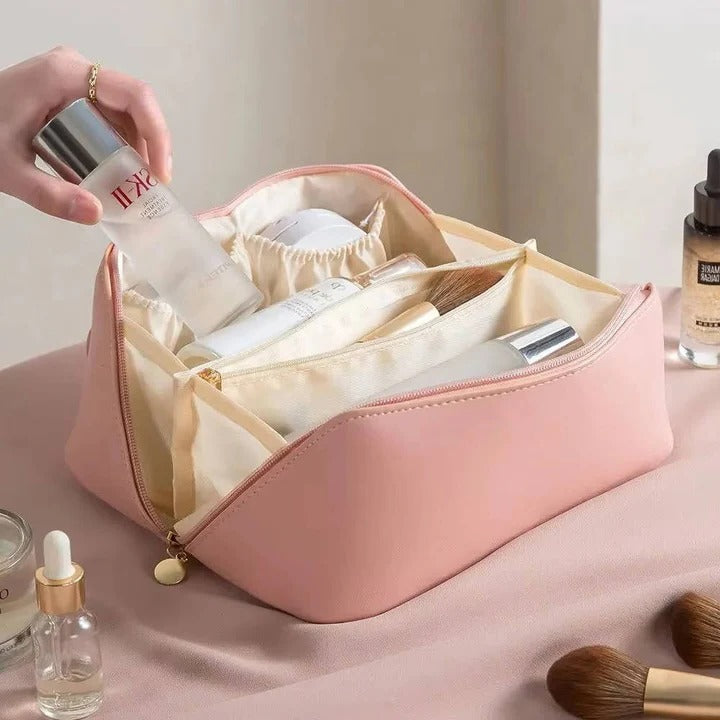 Makeup Organizer Pouch with PU Exterior and Wide Opening Design