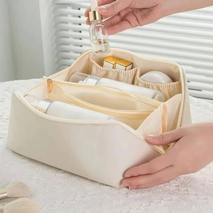Makeup Organizer Pouch with PU Exterior and Wide Opening Design