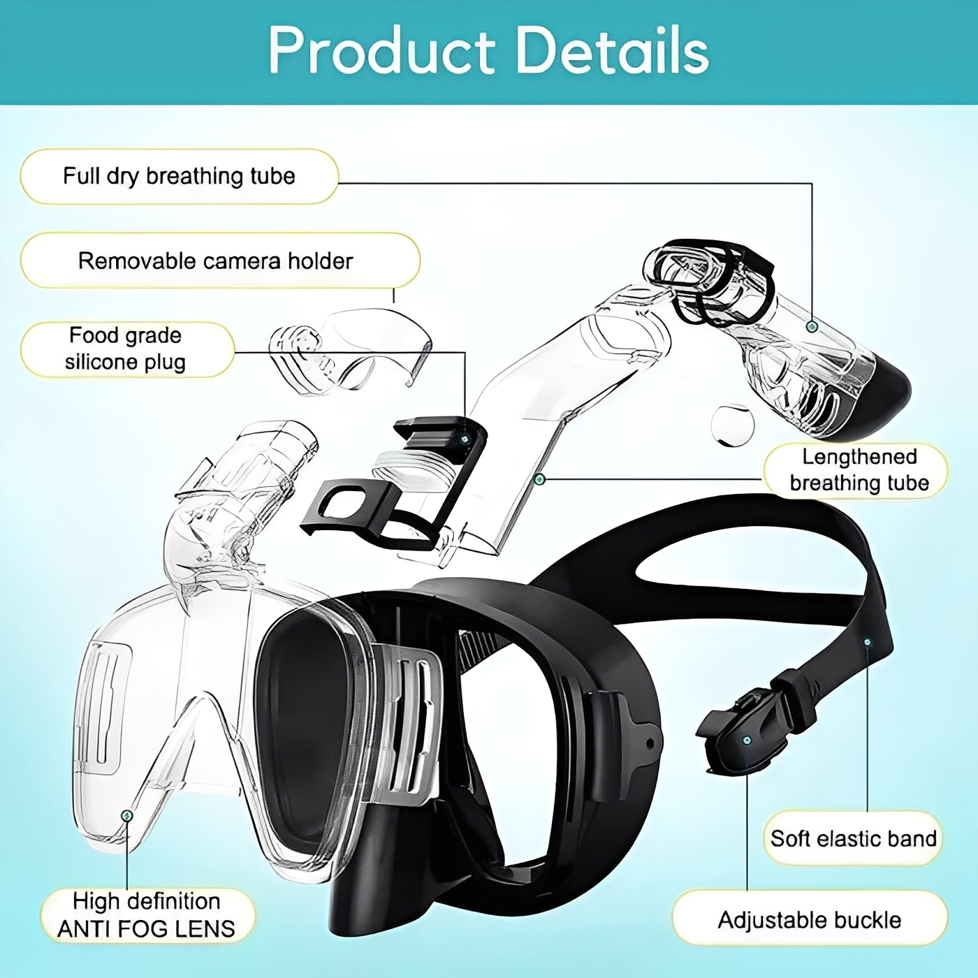 Snorkeling Mask with Dry Top Tube and Adjustable Strap Design