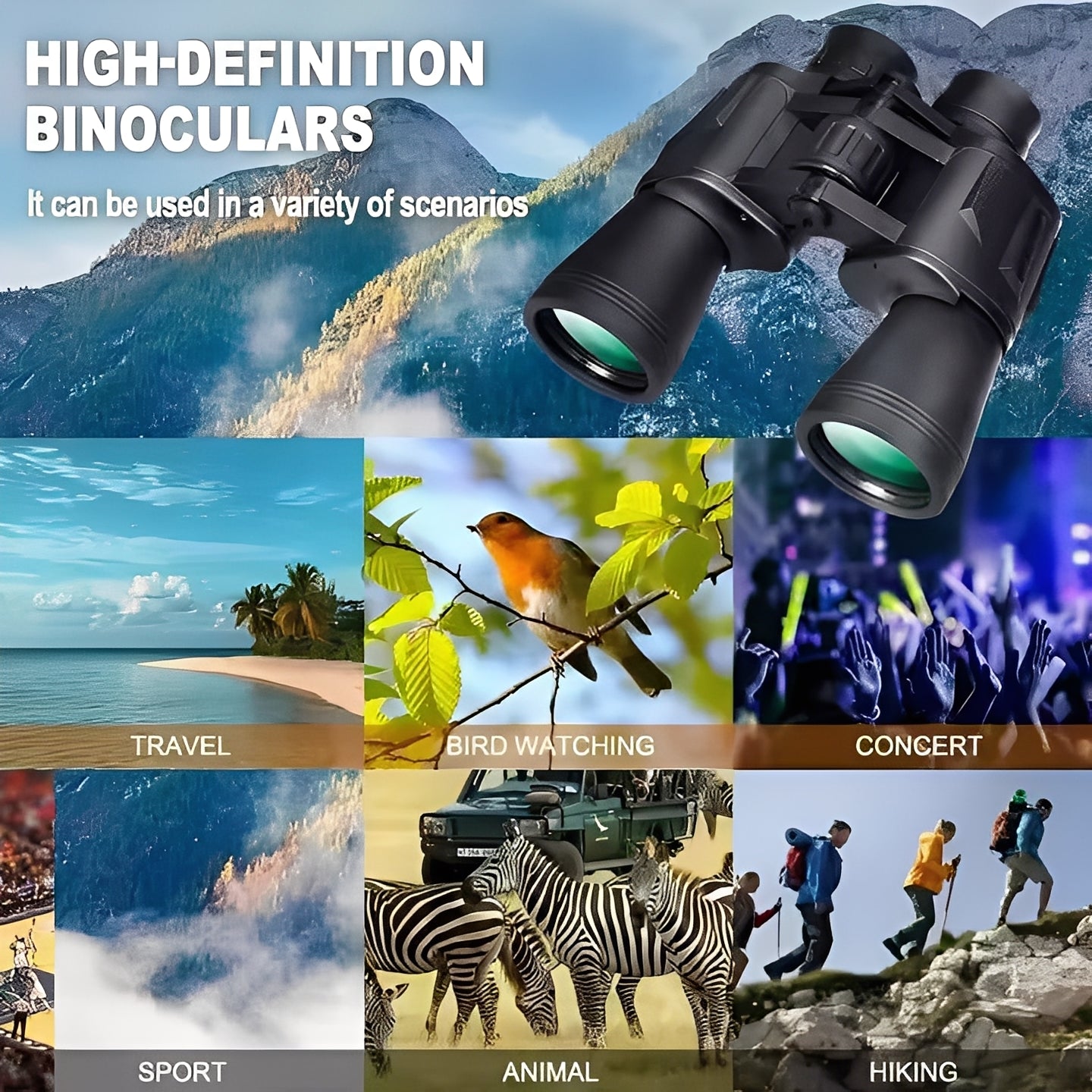 Binoculars with Adjustable Focus and Smartphone Adapter