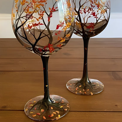 Four Seasons Tree Painted Wine Glass