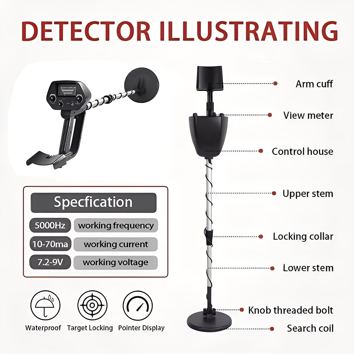 Metal Detector with LCD Pointer Meter and Adjustable Stem
