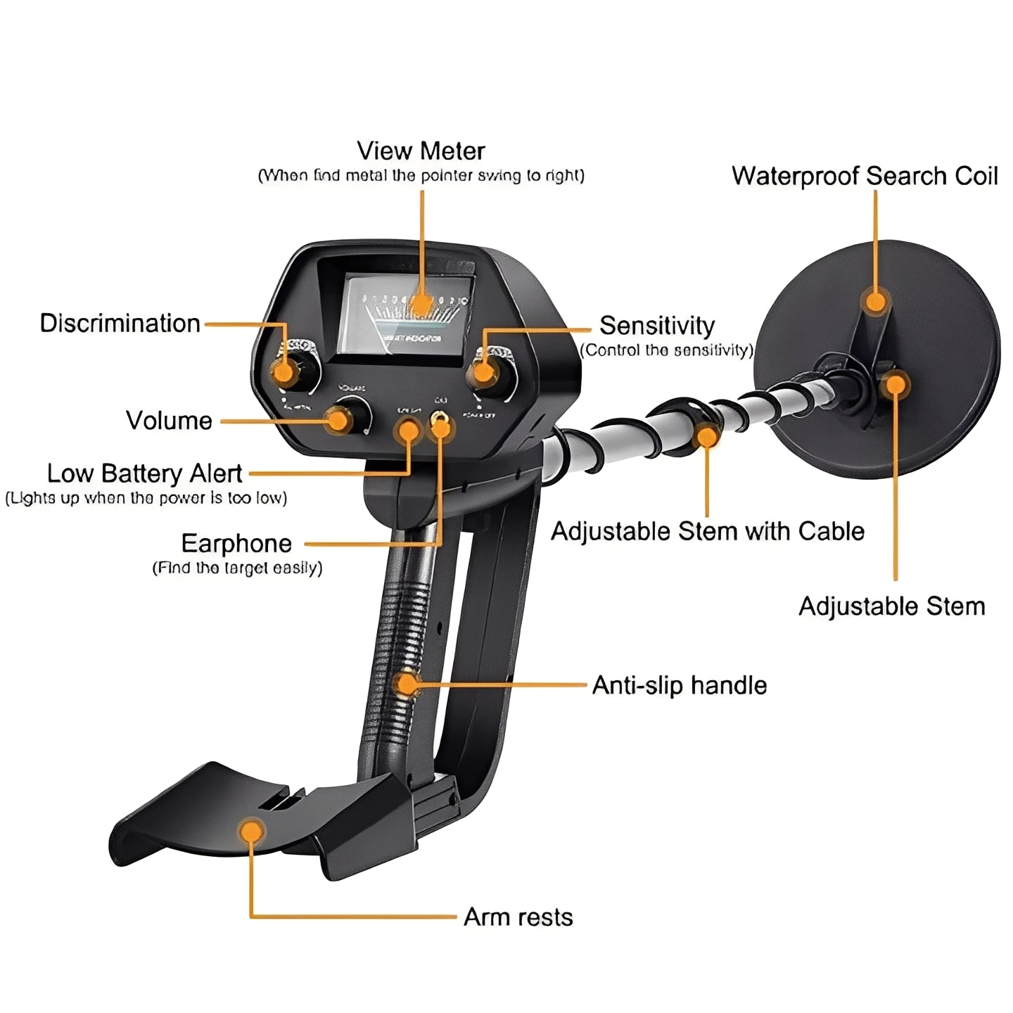 Metal Detector with LCD Pointer Meter and Adjustable Stem