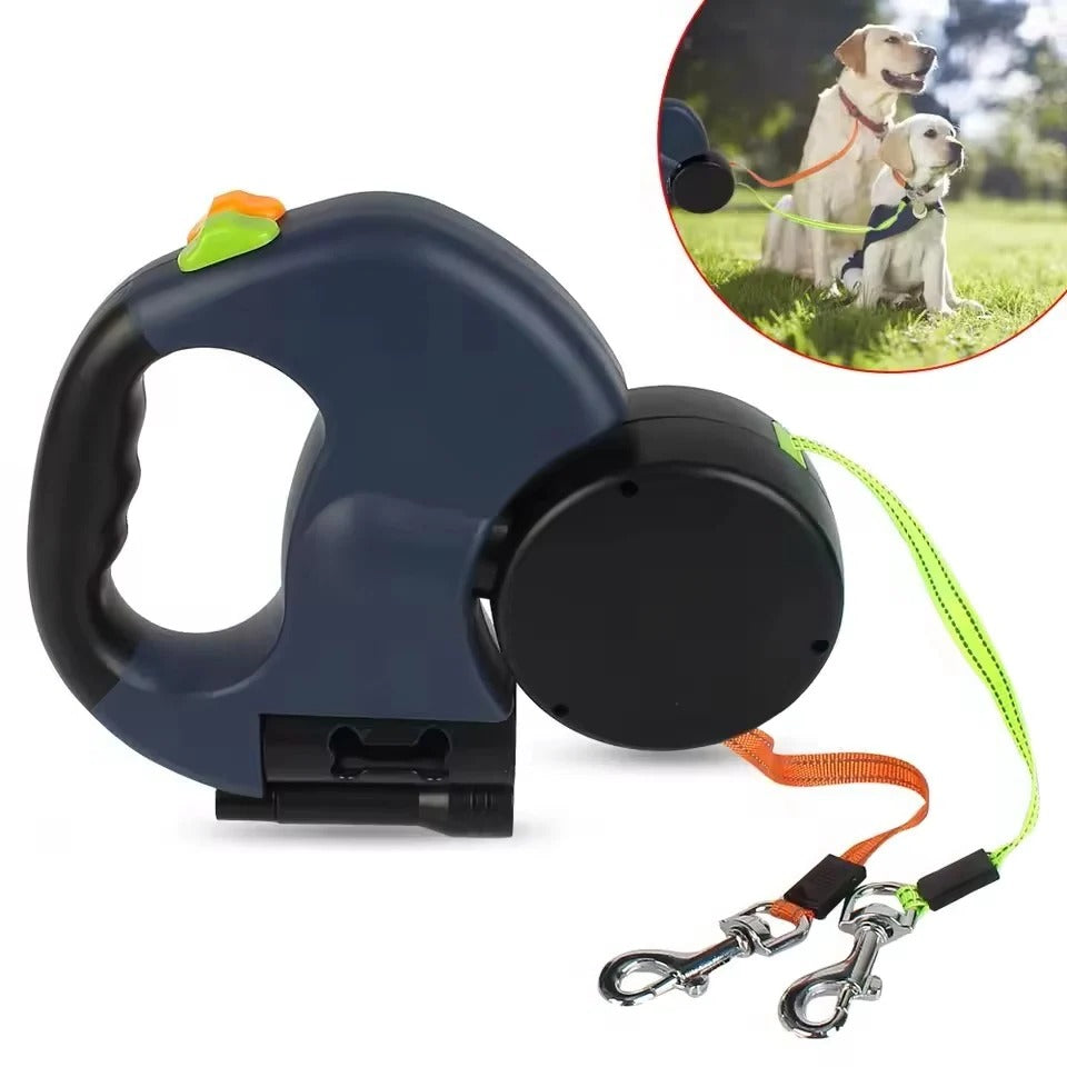Dual Dog Retractable Leash with Reflective Cords and Bag Dispenser