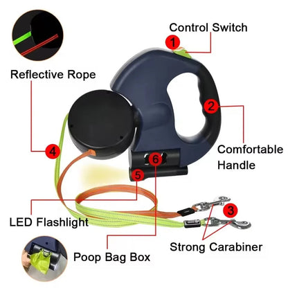 Dual Dog Retractable Leash with Reflective Cords and Bag Dispenser