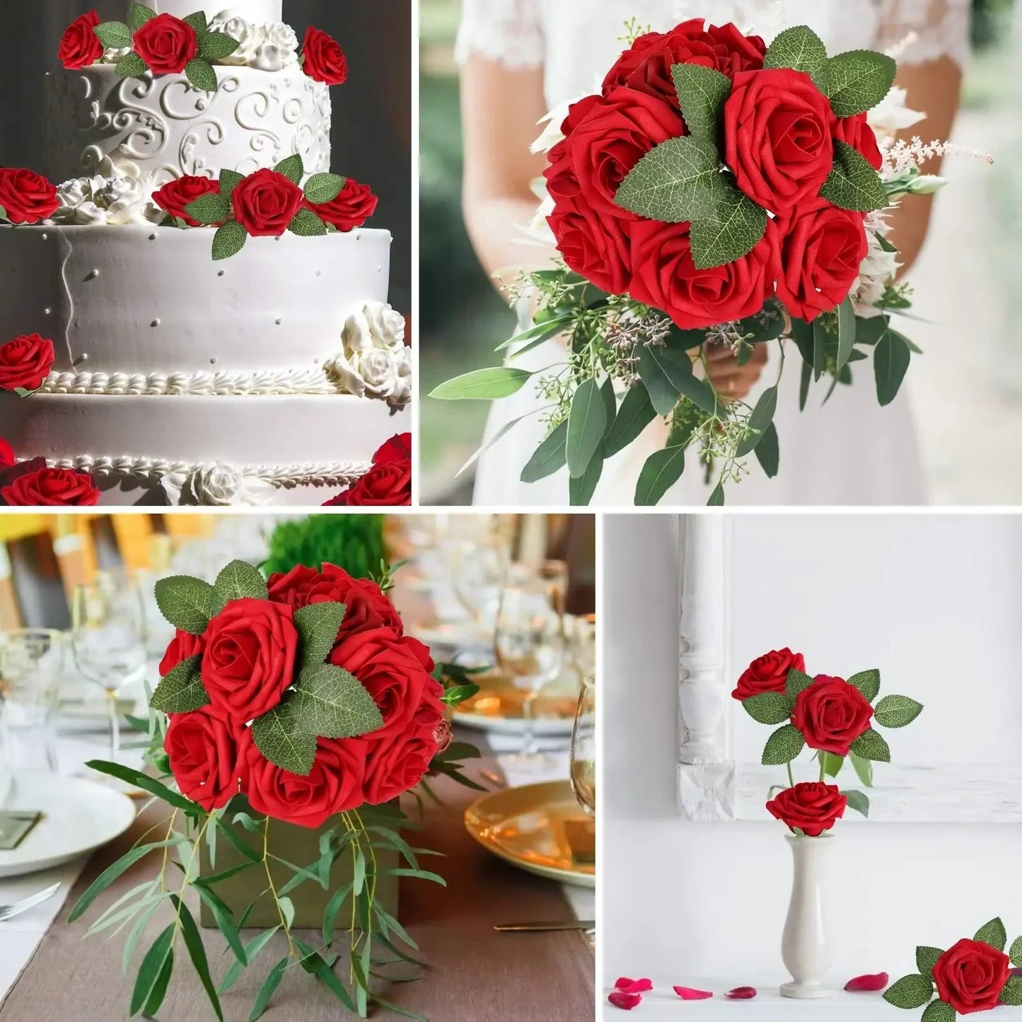 Red Artificial Roses Floral Stem Set for Decorative Use