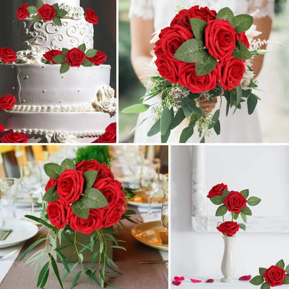 Red Artificial Roses Floral Stem Set for Decorative Use