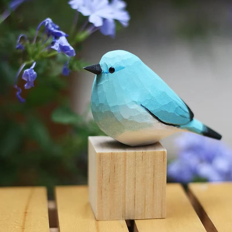 Handcrafted Wooden Bird Figurine Mountain Blue Robin Design