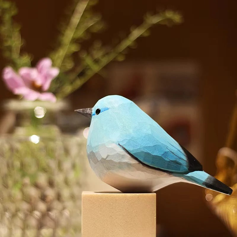 Handcrafted Wooden Bird Figurine Mountain Blue Robin Design
