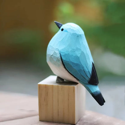 Handcrafted Wooden Bird Figurine Mountain Blue Robin Design