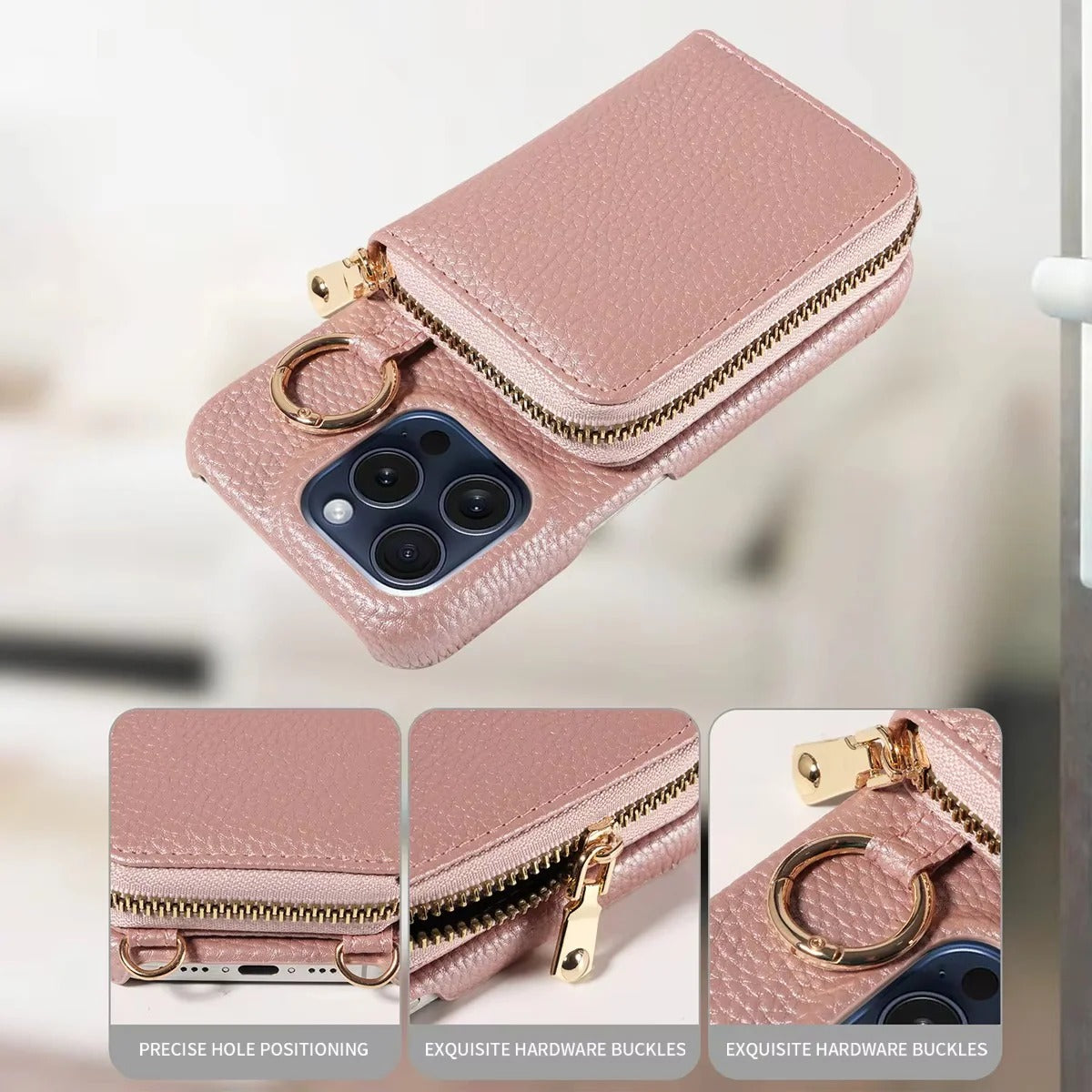 Leather Wallet Case for iPhone with Card Slots and Zipper Closure