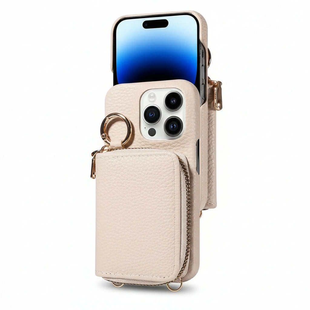 Leather Wallet Case for iPhone with Card Slots and Zipper Closure