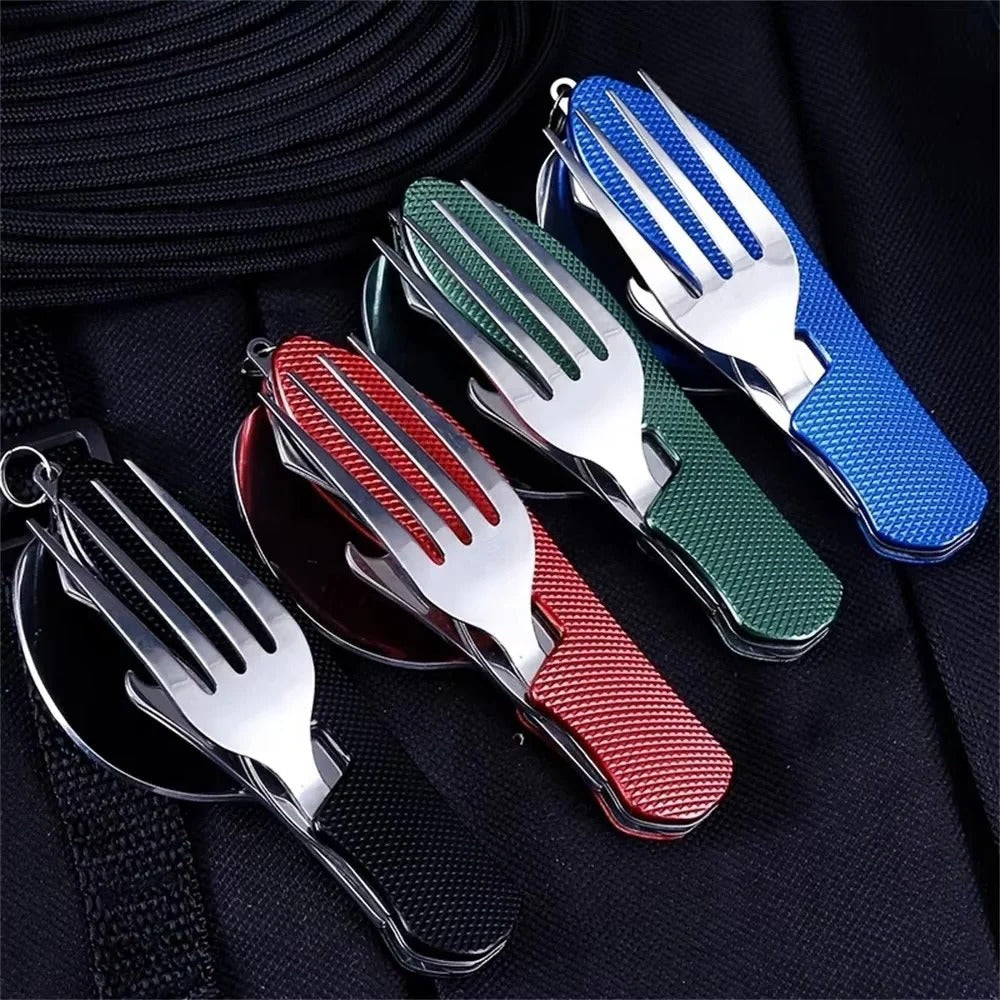 Reusable 4-in-1 Compact Utensil Set for Camping Fork Spoon Knife and Opener