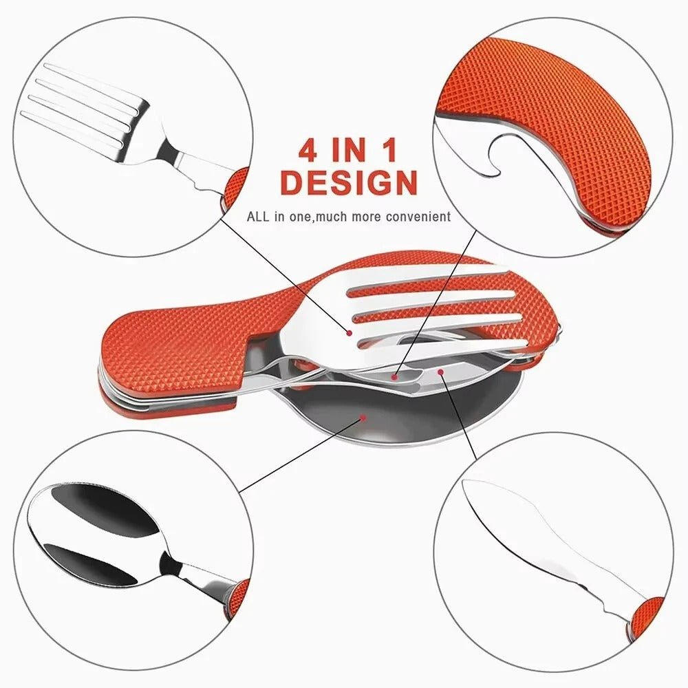 Reusable 4-in-1 Compact Utensil Set for Camping Fork Spoon Knife and Opener