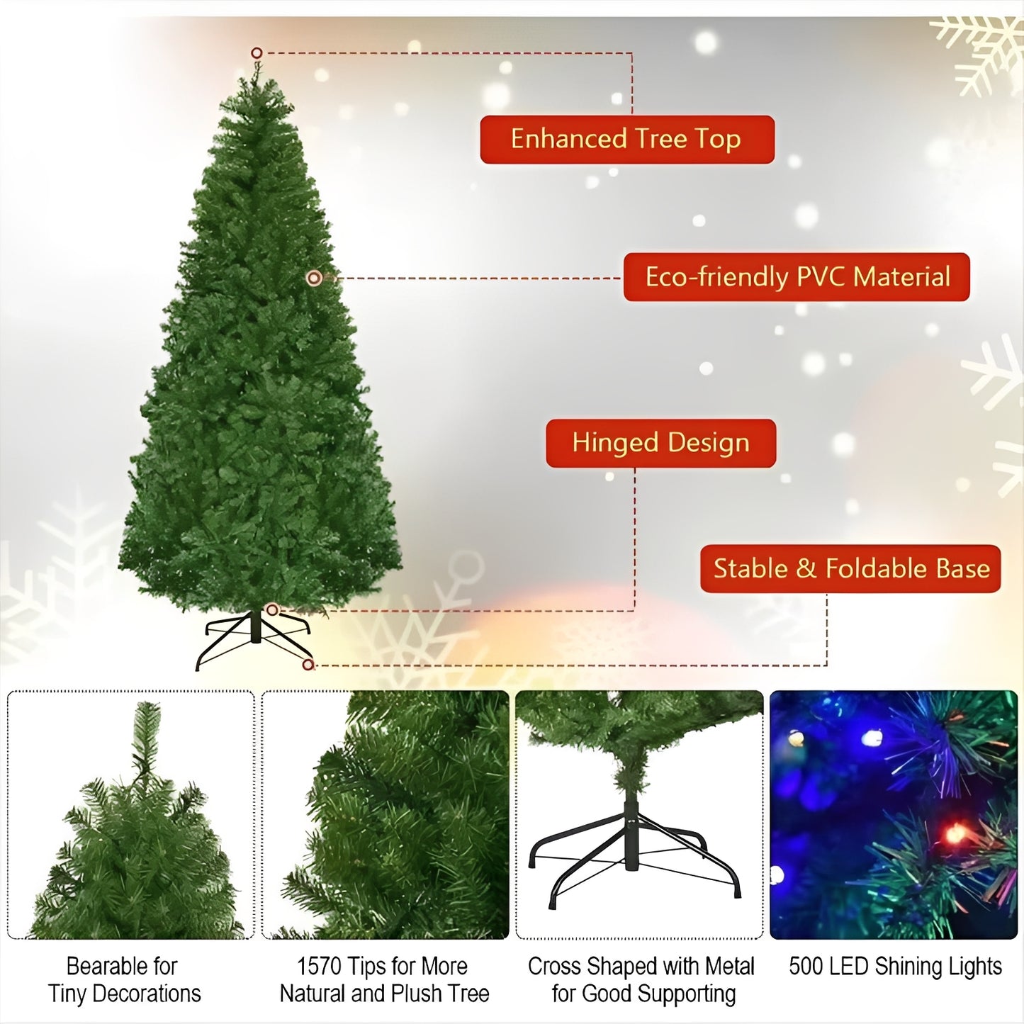 7FT Pre Lit Artificial Christmas Tree with Multicolored LED Lights