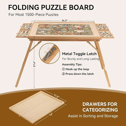Adjustable Wooden Jigsaw Puzzle Table with Folding Board