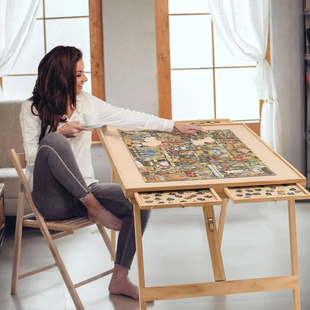 Adjustable Wooden Jigsaw Puzzle Table with Folding Board