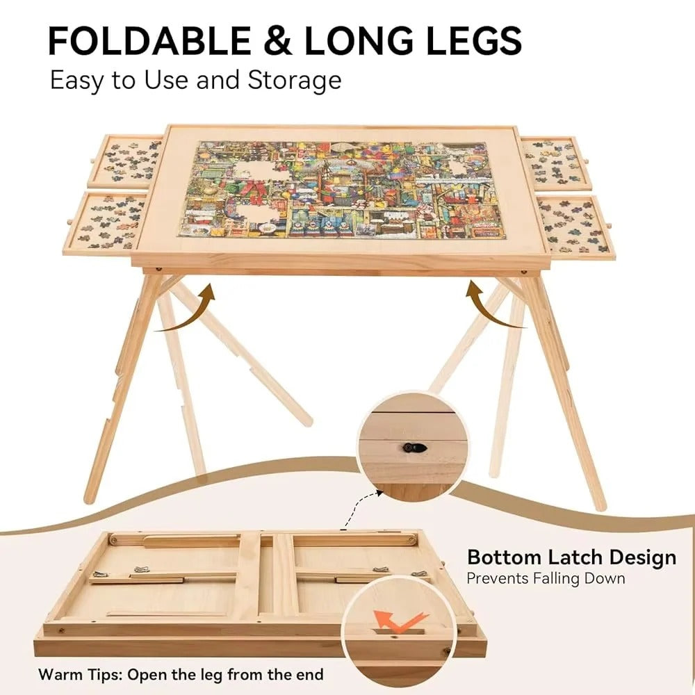 Adjustable Wooden Jigsaw Puzzle Table with Folding Board