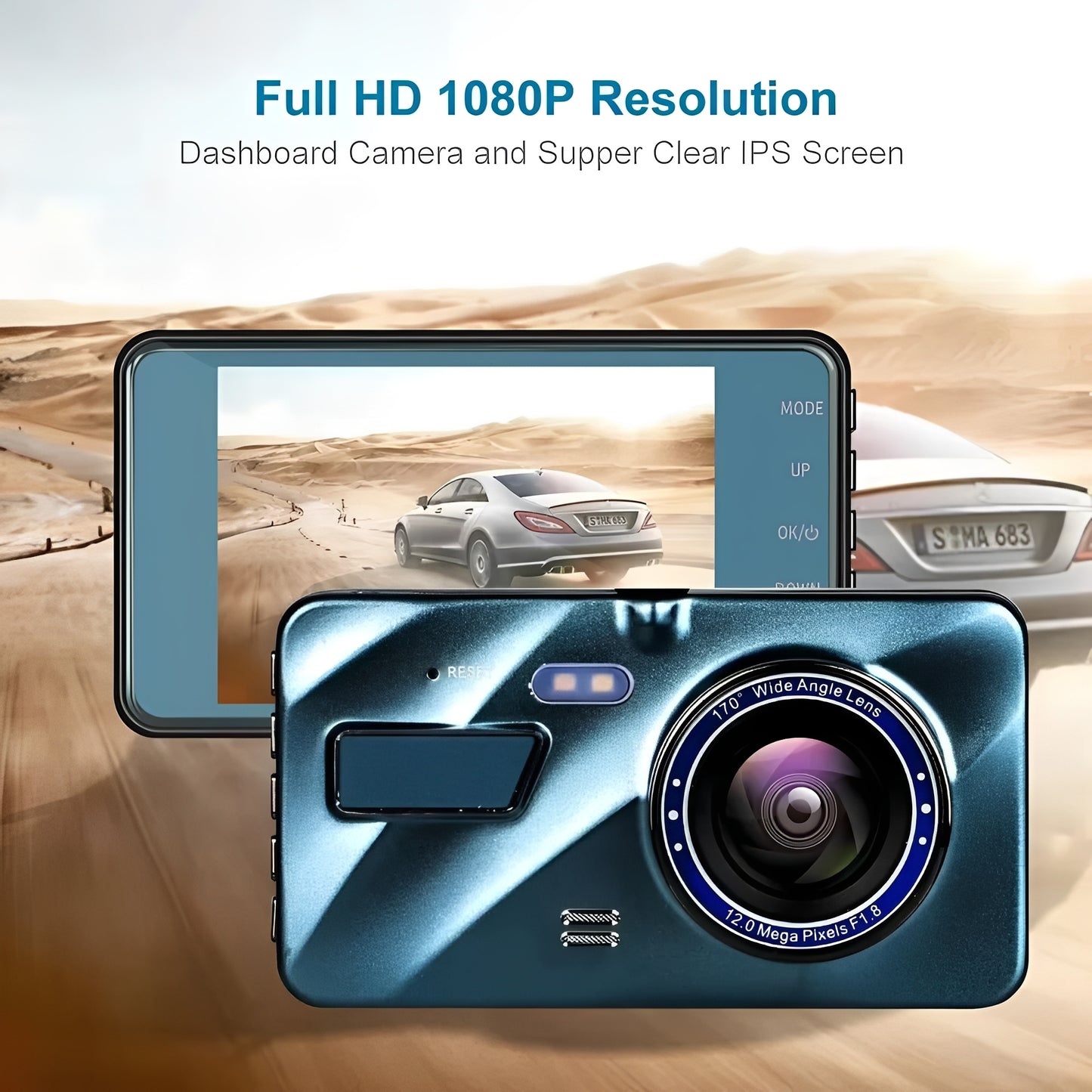 Front and Rear Dual Lens Dash Cam with 4 Inch Display