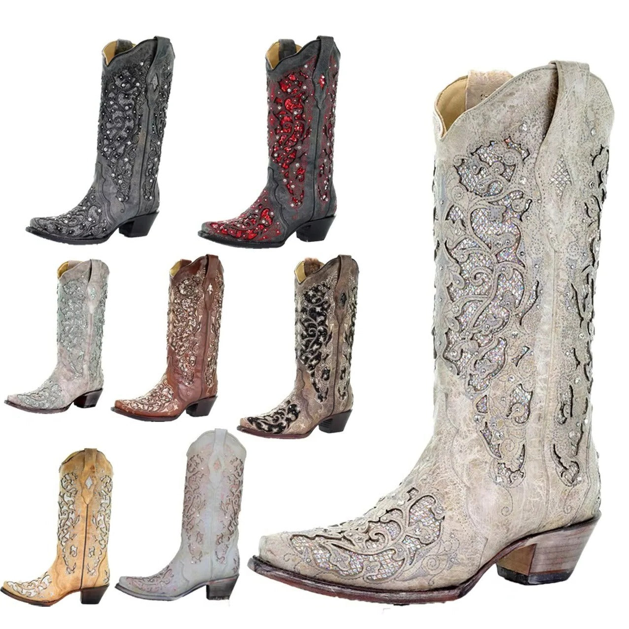 Sequined Embroidered Pointed Toe Boots with Color Block Heel Design