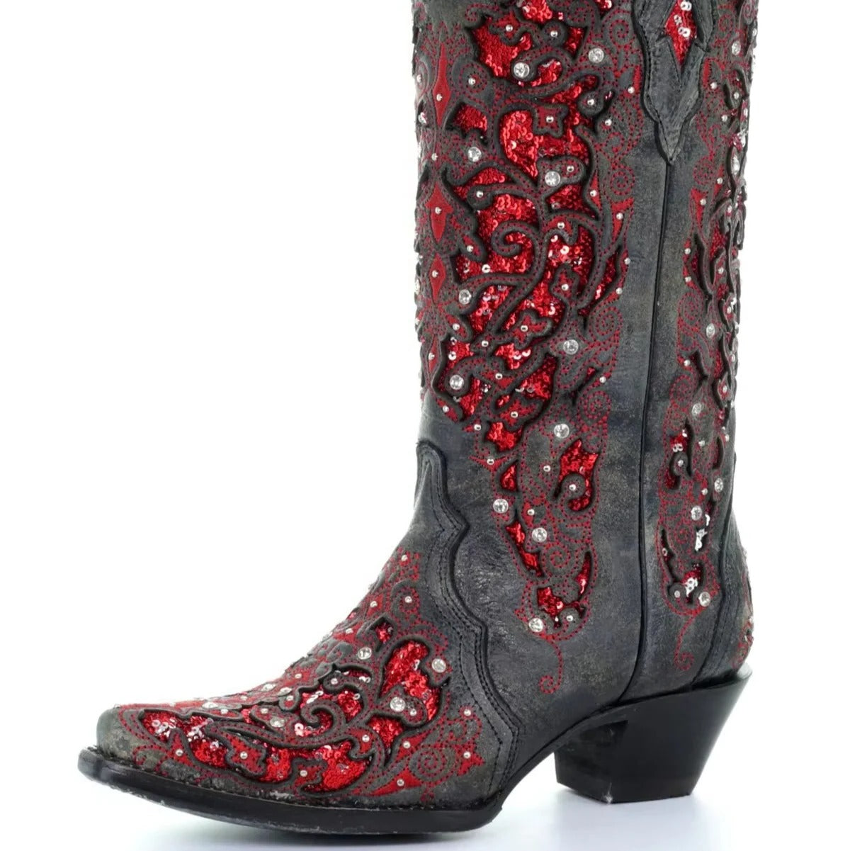 Sequined Embroidered Pointed Toe Boots with Color Block Heel Design