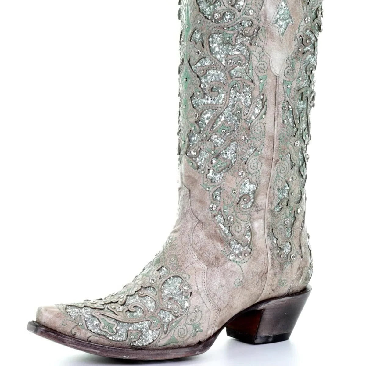 Sequined Embroidered Pointed Toe Boots with Color Block Heel Design