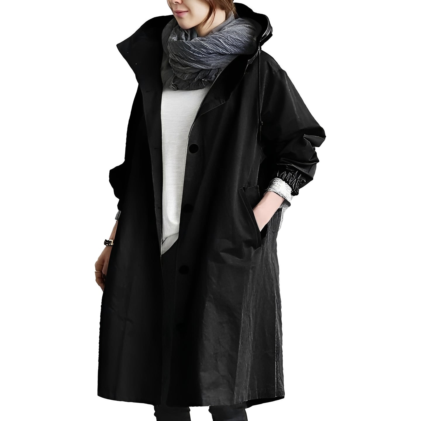 Women’s Long Hooded Raincoat, Waterproof Coat with Adjustable Waist Belt