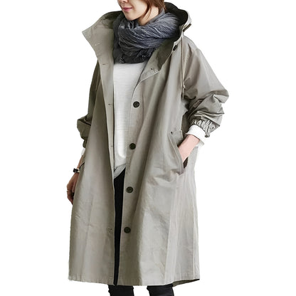 Women’s Long Hooded Raincoat, Waterproof Coat with Adjustable Waist Belt