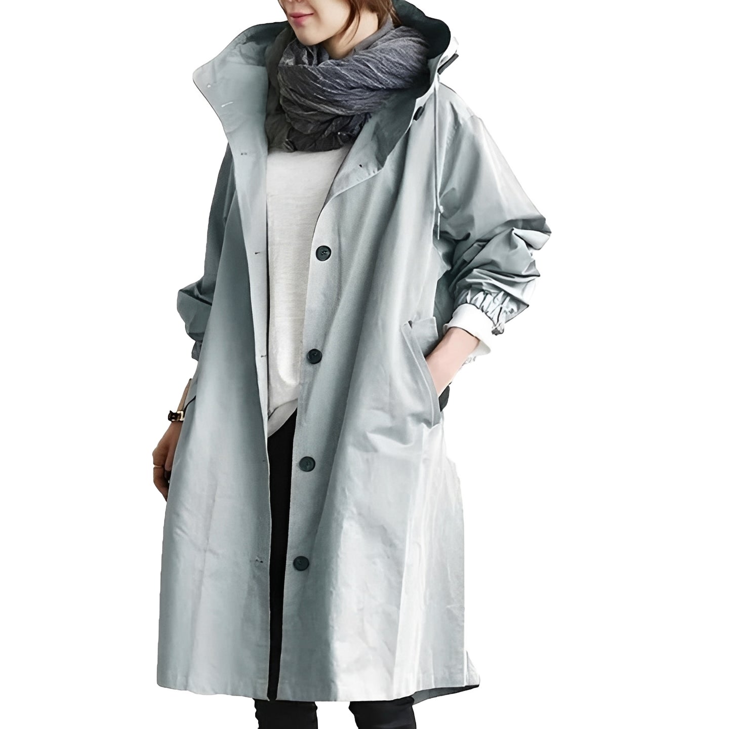 Women’s Long Hooded Raincoat, Waterproof Coat with Adjustable Waist Belt