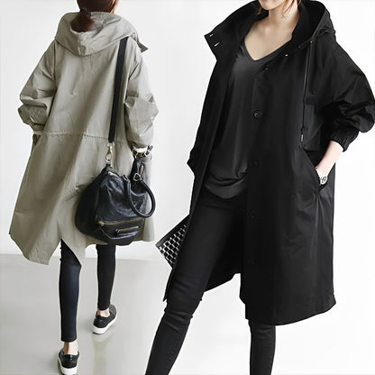 Women’s Long Hooded Raincoat, Waterproof Coat with Adjustable Waist Belt