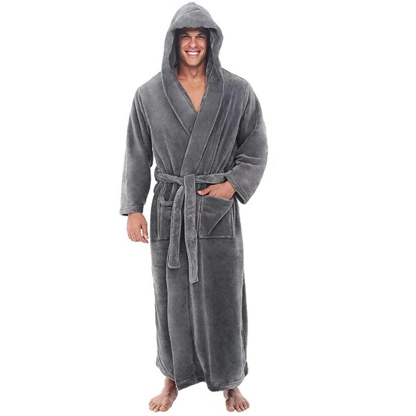 Hooded Men's Fleece Bathrobe with Plush Pockets