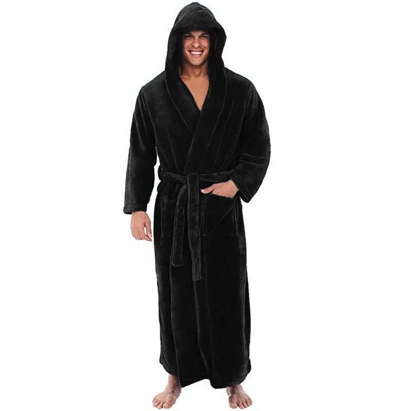 Hooded Men's Fleece Bathrobe with Plush Pockets