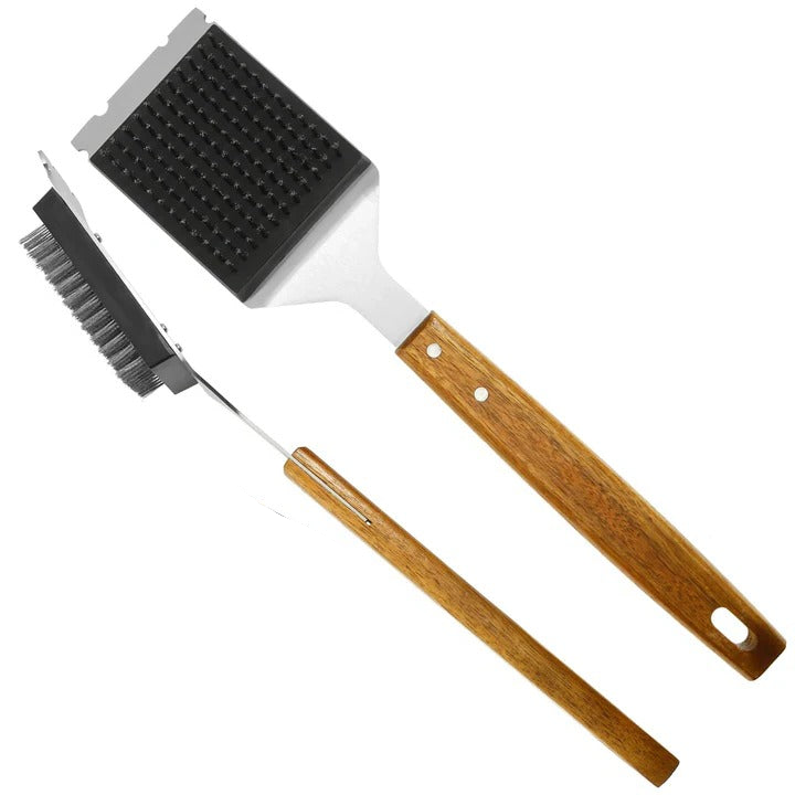 2-Piece Grill Cleaning Brush, Wooden Handle and Metal Scraper Head